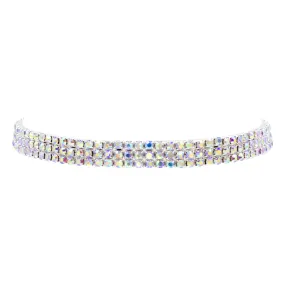 #13332ABS - 3 Row Stretch Rhinestone Necklace - (Iridescent Stones) AB Silver