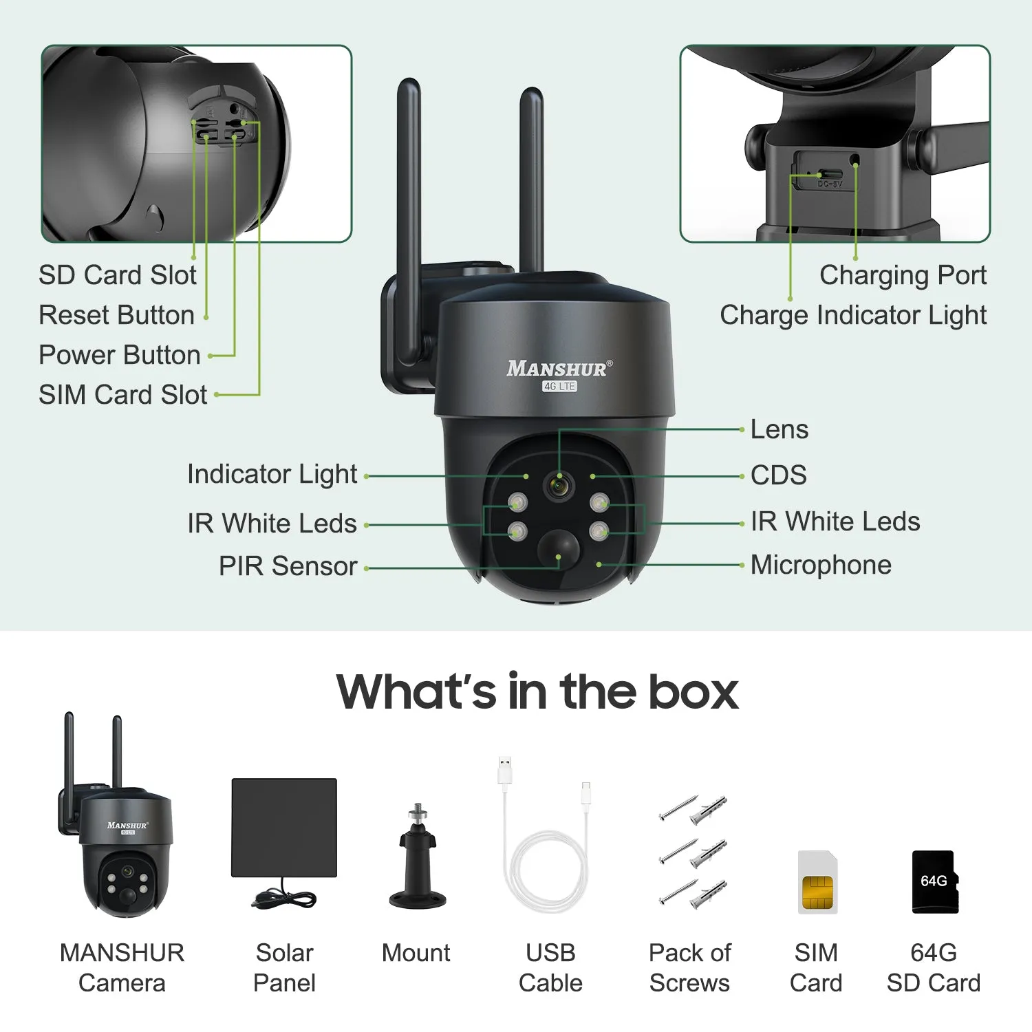 4G LTE Cellular Wireless Security Camera 360° PTZ 2K Solar No WiFi Surveillance Camera MANSHUR UB6G (UBOX App)