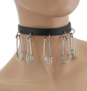 Black Leather Collar w/ Silver Safety Pins