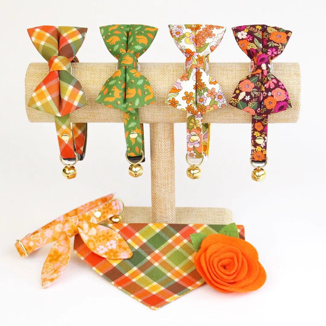 Cat Bow Tie - "Groovy Garden" - Yellow Retro Floral Bow Tie for Cat / Fall, Spring, Summer / Cat   Small Dog Bowtie
