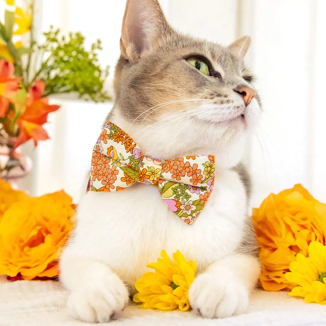 Cat Bow Tie - "Groovy Garden" - Yellow Retro Floral Bow Tie for Cat / Fall, Spring, Summer / Cat   Small Dog Bowtie