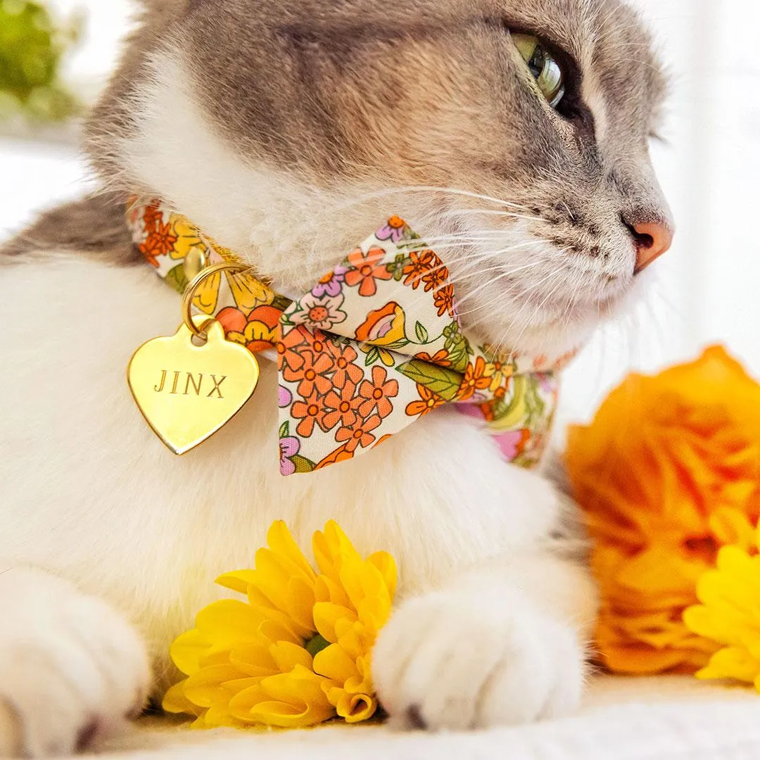 Cat Bow Tie - "Groovy Garden" - Yellow Retro Floral Bow Tie for Cat / Fall, Spring, Summer / Cat   Small Dog Bowtie