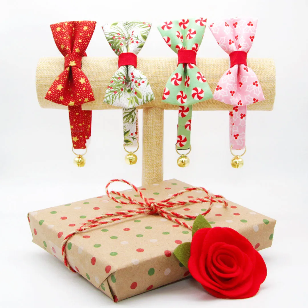 Christmas Pet Bow Tie - "Peppermint Twist" - Red & Green Holiday Candy Bowtie for Pet Collar / For Cats   Small Dogs / Removable (One Size)