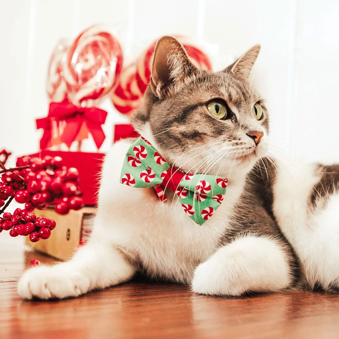 Christmas Pet Bow Tie - "Peppermint Twist" - Red & Green Holiday Candy Bowtie for Pet Collar / For Cats   Small Dogs / Removable (One Size)