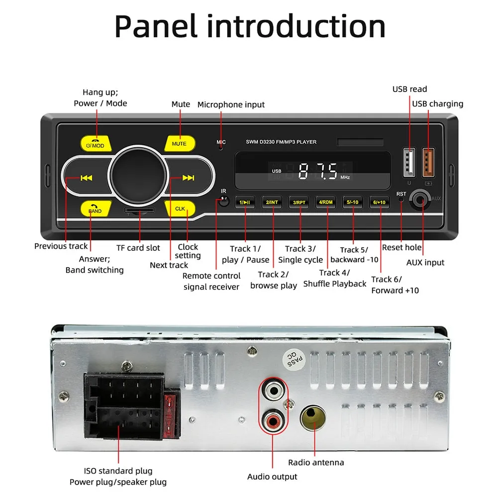 D3230 Car Radio V5.0 MP3 Player FM Radio LED Display 7 Color