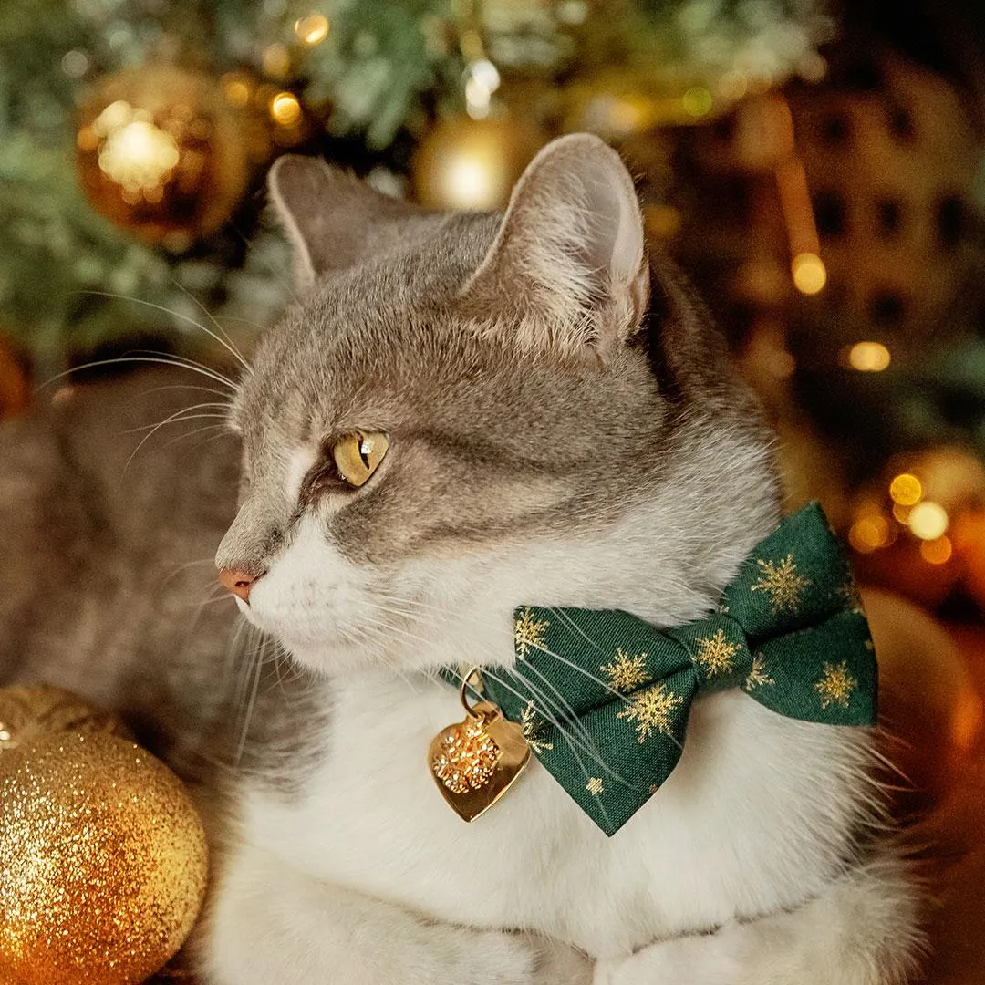 Holiday Cat Bow Tie - "Juniper" - Christmas Green & Gold Snowflake Bow Tie for Cat / Winter Snow / Cat   Small Dog Bowtie