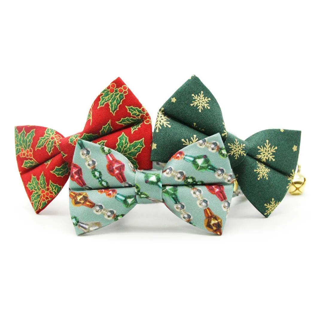 Holiday Cat Bow Tie - "Juniper" - Christmas Green & Gold Snowflake Bow Tie for Cat / Winter Snow / Cat   Small Dog Bowtie