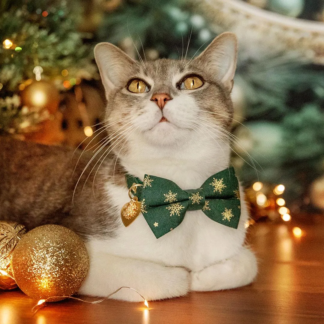 Holiday Cat Bow Tie - "Juniper" - Christmas Green & Gold Snowflake Bow Tie for Cat / Winter Snow / Cat   Small Dog Bowtie