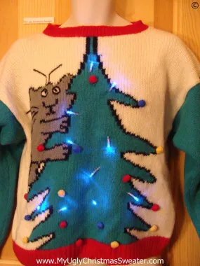 Holy Grail of Ugly Funny Christmas Sweater with Lights 80s Cat