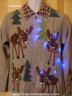 Light Up Brown Christmas Sweater with Funny Reindeer