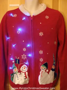 Light Up Red Ugly Xmas Sweater with Happy Snowmen