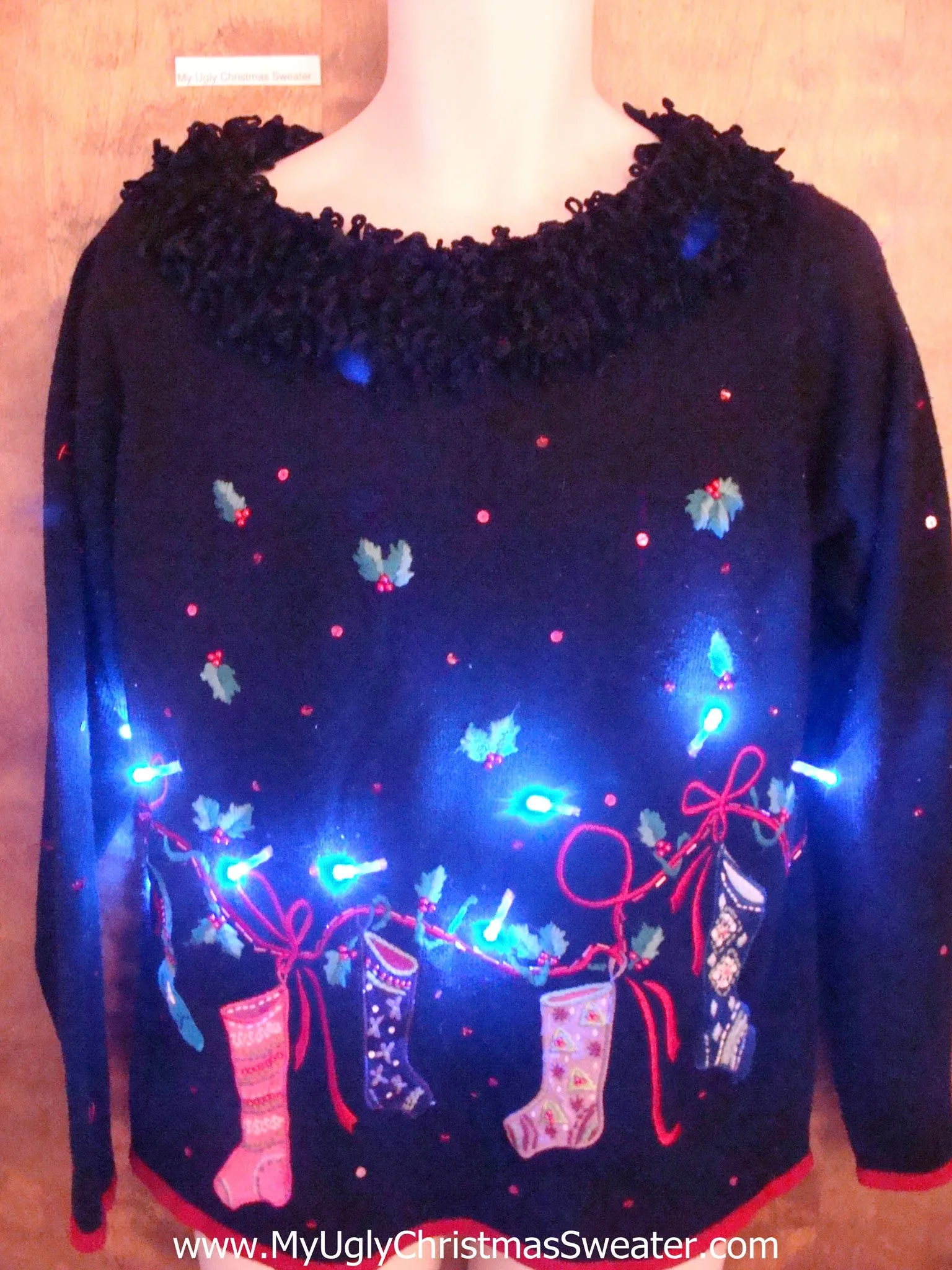 Light Up Ugly Christmas Jumper with Huge Fluffy Collar