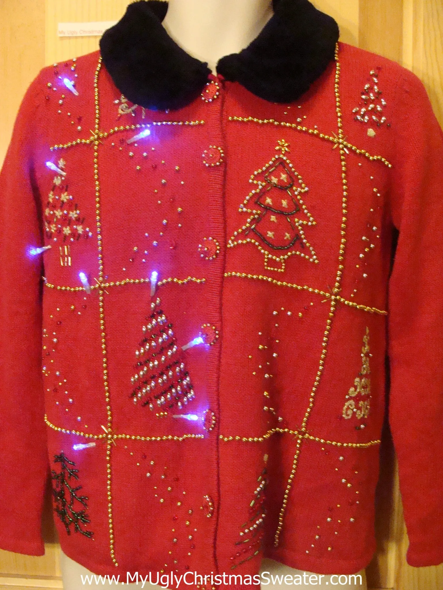 Light Up Ugly Xmas Sweater Furry Collar and Bling