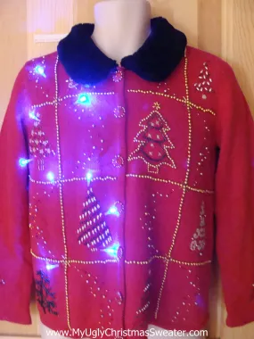 Light Up Ugly Xmas Sweater Furry Collar and Bling
