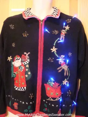 Light Up Ugly Xmas Sweater Santa and Reindeer and Sleigh