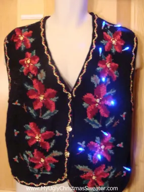 Light Up Ugly Xmas Sweater Vest Poinsttias and Golden Trim