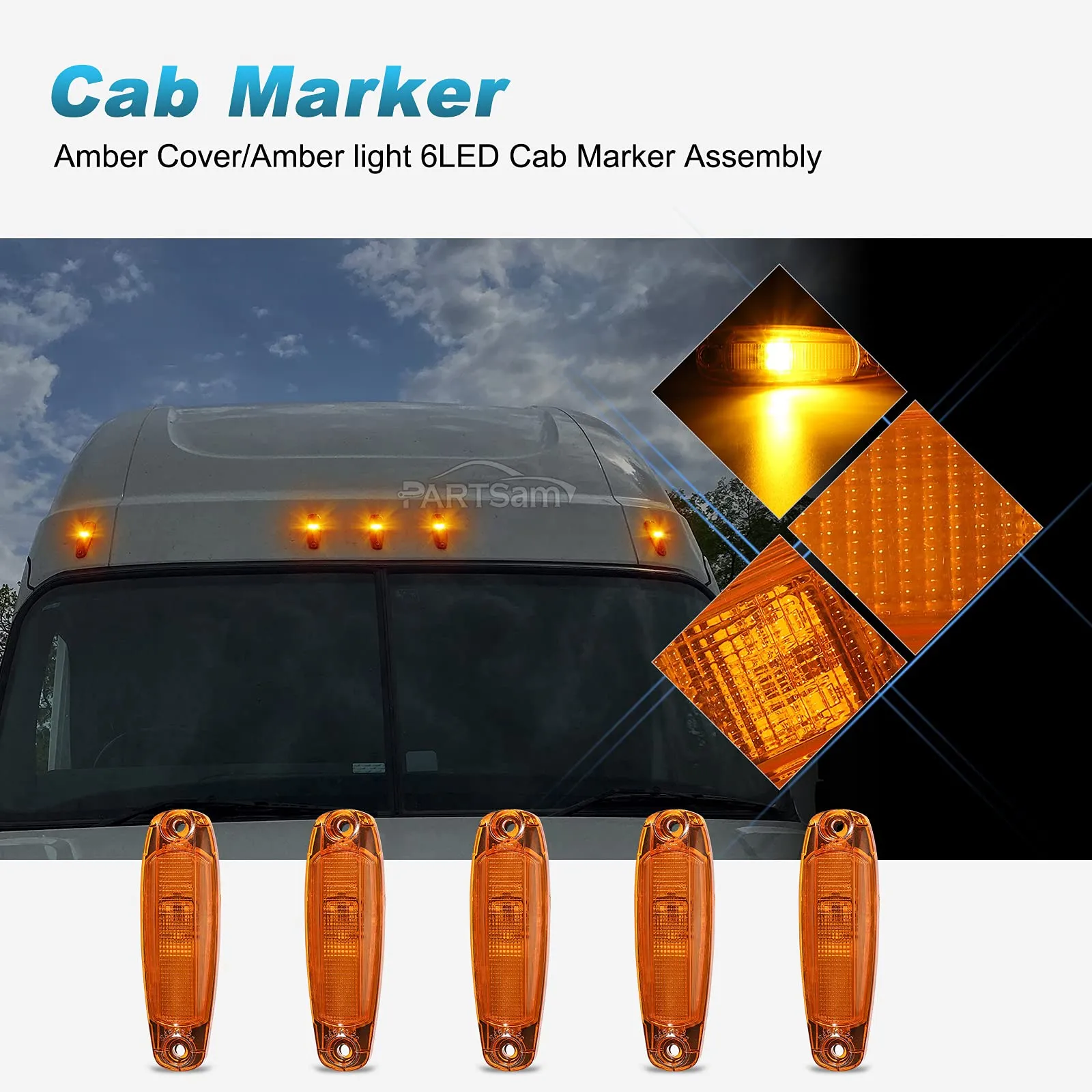 Partsam Replacement for Freightliner Cascadia Cab Roof Marker Clearance Lights Lamps 5pcs Amber Lens 4 LED Assembly, for Post 2014 New Generation Cascadia Cab Lights A66-01728-003