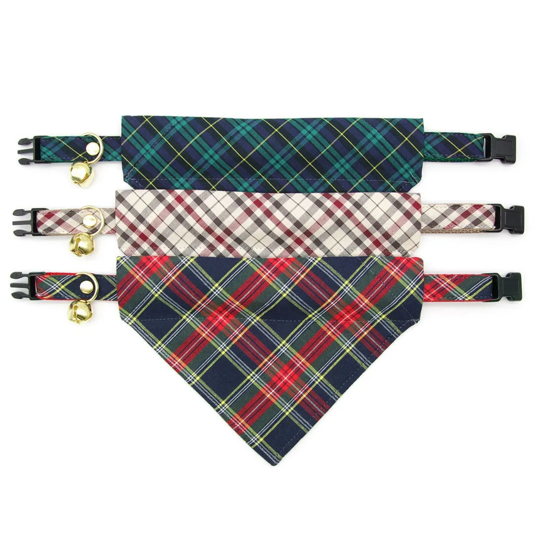Pet Bandana - "Newberry" - Beige Tan Plaid Bandana for Cat   Small Dog / Slide-on Bandana / Over-the-Collar (One Size)