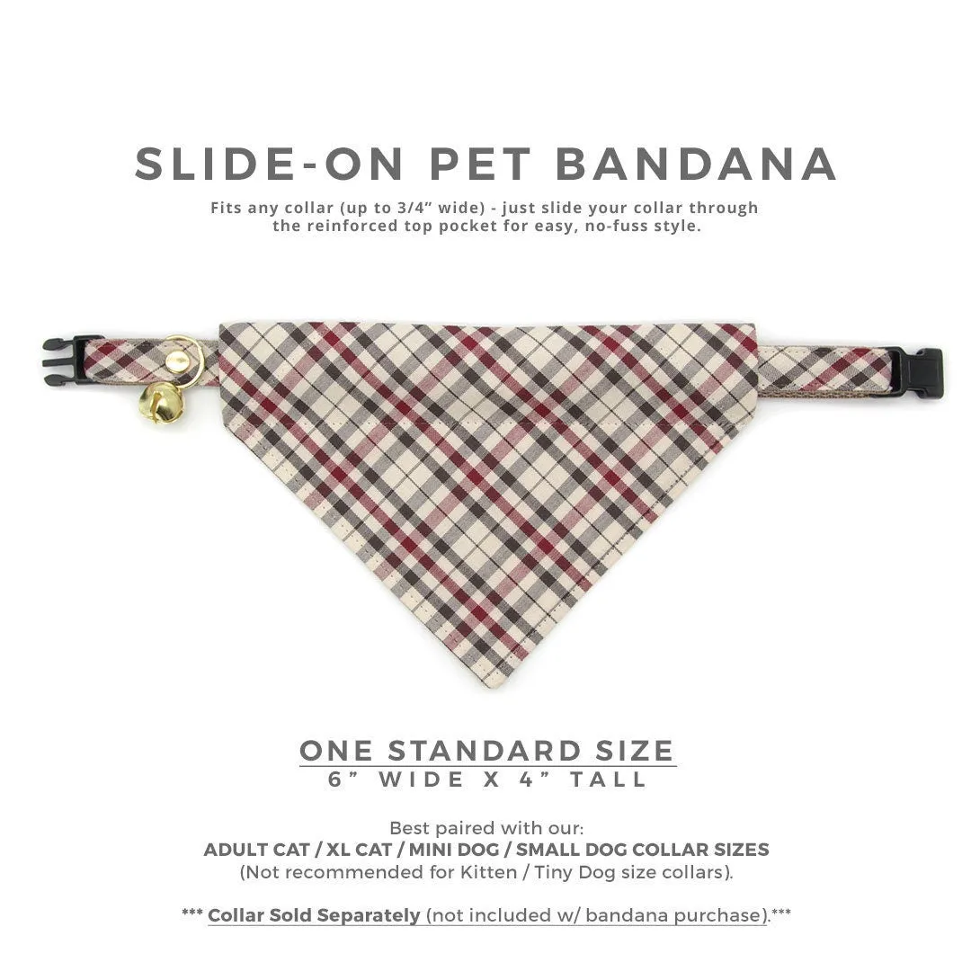 Pet Bandana - "Newberry" - Beige Tan Plaid Bandana for Cat   Small Dog / Slide-on Bandana / Over-the-Collar (One Size)