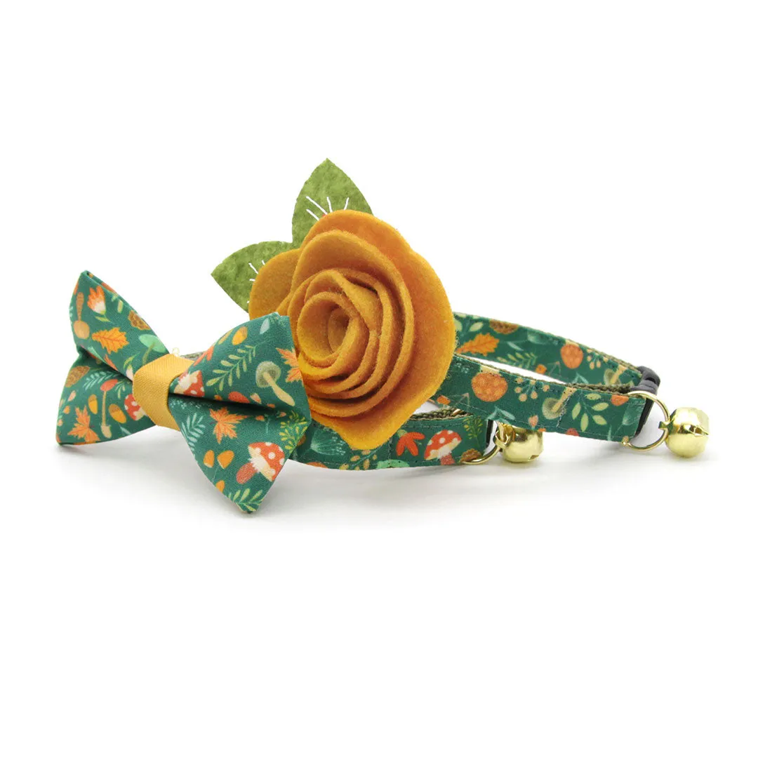 Pet Bow Tie - "Forest Fantasy" - Woodland Medley Green Bow Tie for Cat / Mushrooms, Acorns / For Cats   Small Dogs (One Size)