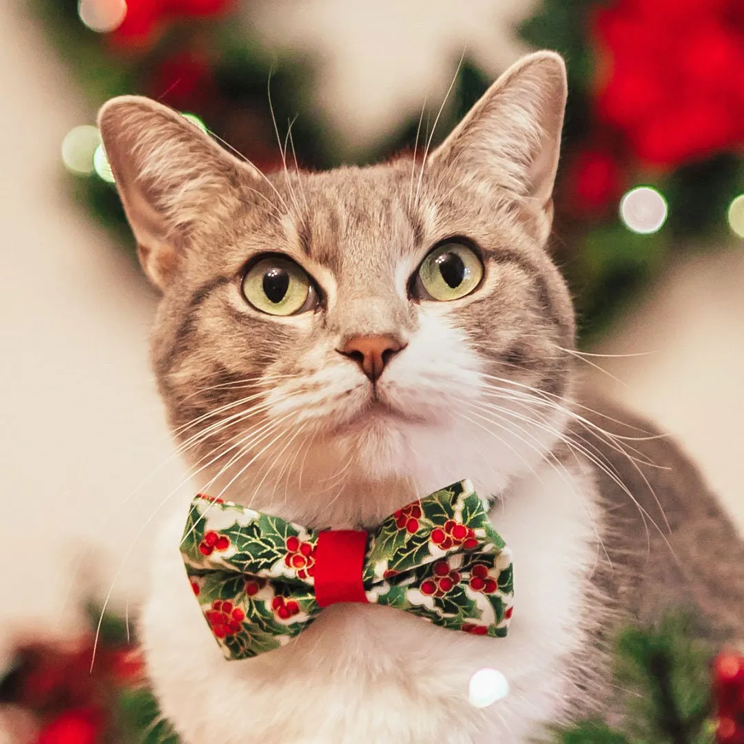 Pet Bow Tie - "Holiday Holly" - Christmas Botanical Red Berries & Green Cat Bow Tie / For Cats   Small Dogs (One Size)