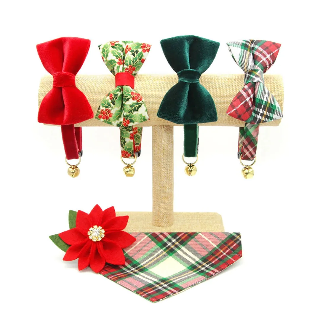 Pet Bow Tie - "Holiday Holly" - Christmas Botanical Red Berries & Green Cat Bow Tie / For Cats   Small Dogs (One Size)
