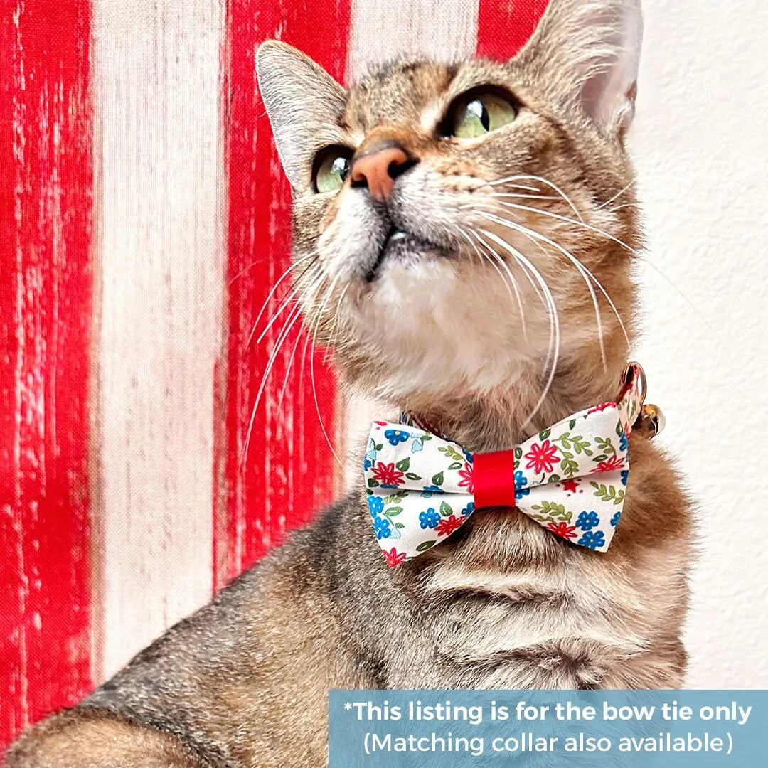 Pet Bow Tie - "Home Sweet Home" - Red & Blue Floral Cat Bow / 4th of July, Patriotic, Independence Day / For Cats   Small Dogs (One Size)