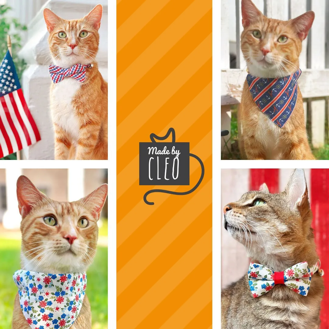 Pet Bow Tie - "Home Sweet Home" - Red & Blue Floral Cat Bow / 4th of July, Patriotic, Independence Day / For Cats   Small Dogs (One Size)