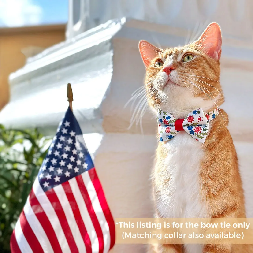 Pet Bow Tie - "Home Sweet Home" - Red & Blue Floral Cat Bow / 4th of July, Patriotic, Independence Day / For Cats   Small Dogs (One Size)