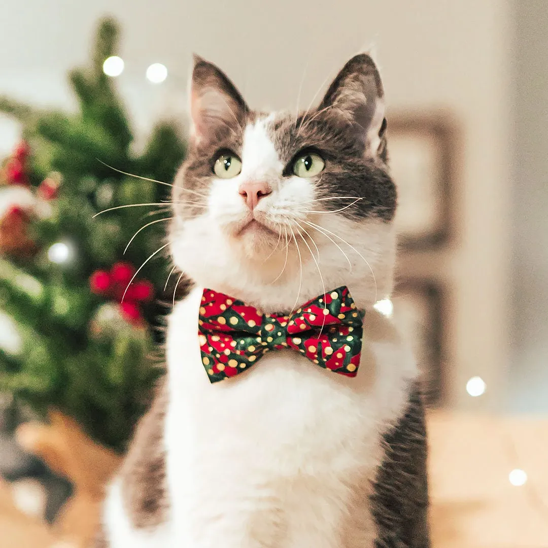 Pet Bow Tie - "Joy" - Christmas Red & Green with Metallic Gold Dots Cat Bow Tie / Holiday / For Cats   Small Dogs (One Size)