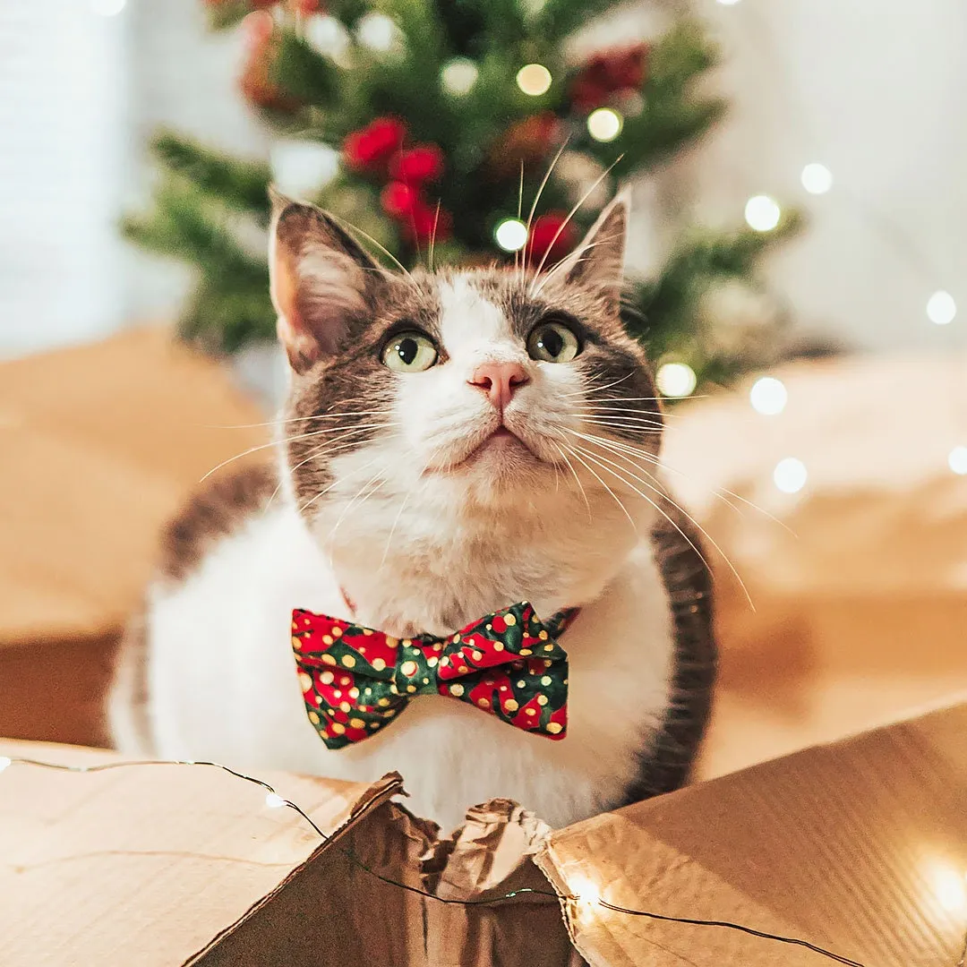 Pet Bow Tie - "Joy" - Christmas Red & Green with Metallic Gold Dots Cat Bow Tie / Holiday / For Cats   Small Dogs (One Size)