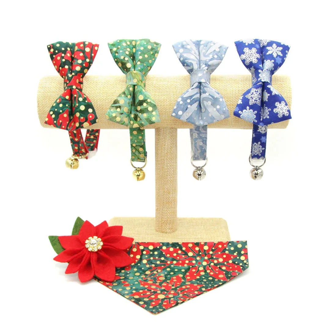 Pet Bow Tie - "Joy" - Christmas Red & Green with Metallic Gold Dots Cat Bow Tie / Holiday / For Cats   Small Dogs (One Size)