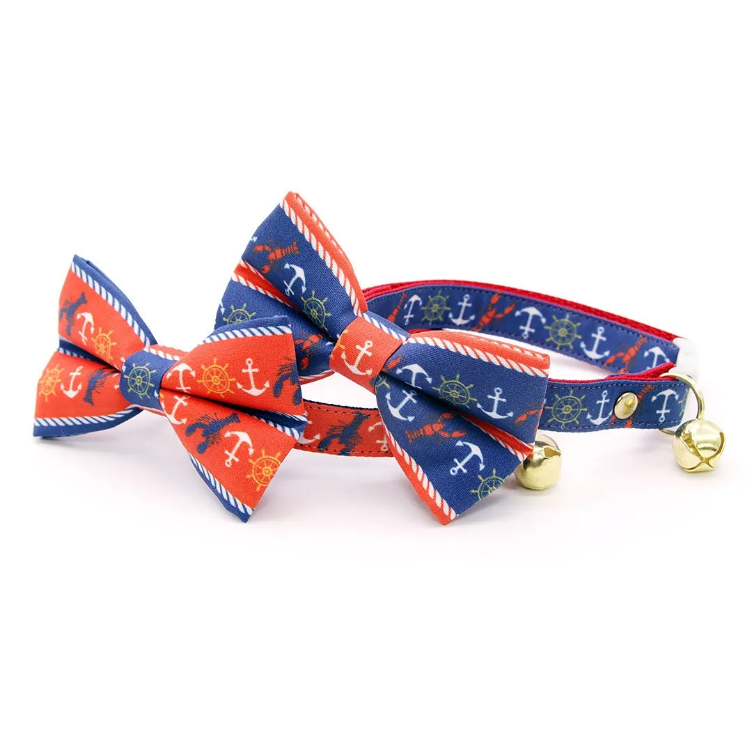 Pet Bow Tie - "Nautical Sunset" - Coral Red Anchor & Lobster Cat Bow / Summrer, Sailing, Preppy / For Cats   Small Dogs (One Size)