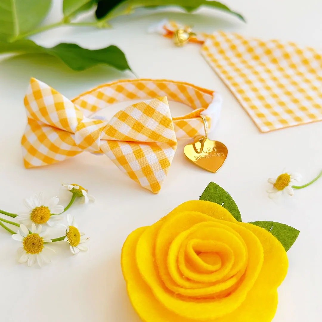 Pet Bow Tie - "Picnic" - Gingham Yellow Bow Tie / Spring, Easter, Summer, Wedding / For Cats   Small Dogs (One Size)