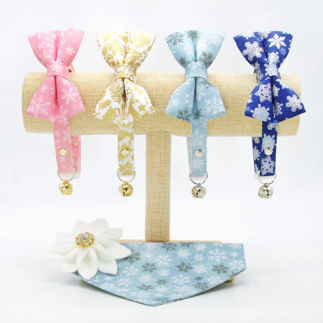 Pet Bow Tie - "Snowflakes - Frosty Blue" - Light Blue Snowflake Cat Bow Tie / Christmas, Winter, Solstice / For Cats   Small Dogs (One Size)