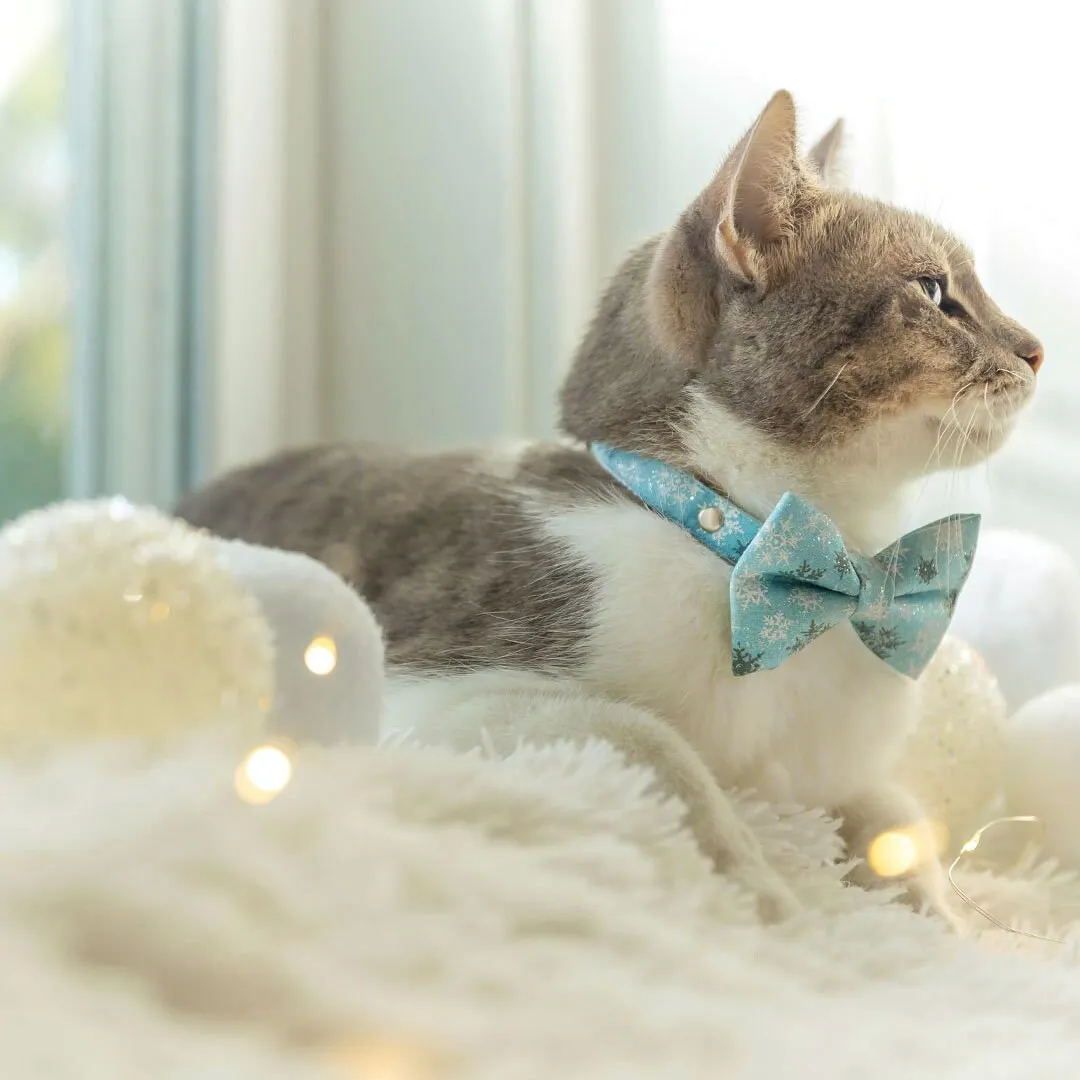Pet Bow Tie - "Snowflakes - Frosty Blue" - Light Blue Snowflake Cat Bow Tie / Christmas, Winter, Solstice / For Cats   Small Dogs (One Size)