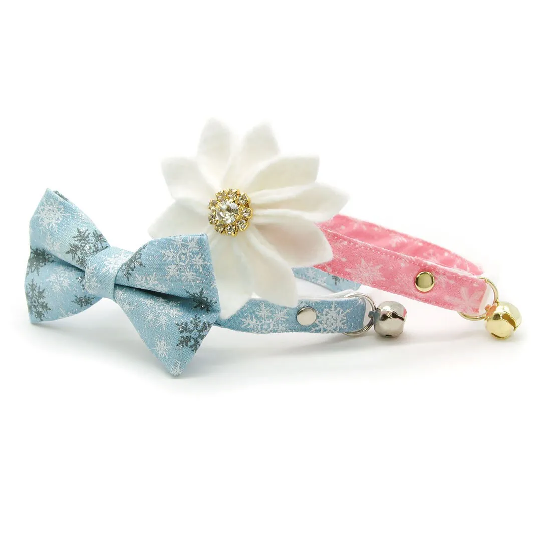 Pet Bow Tie - "Snowflakes - Frosty Blue" - Light Blue Snowflake Cat Bow Tie / Christmas, Winter, Solstice / For Cats   Small Dogs (One Size)