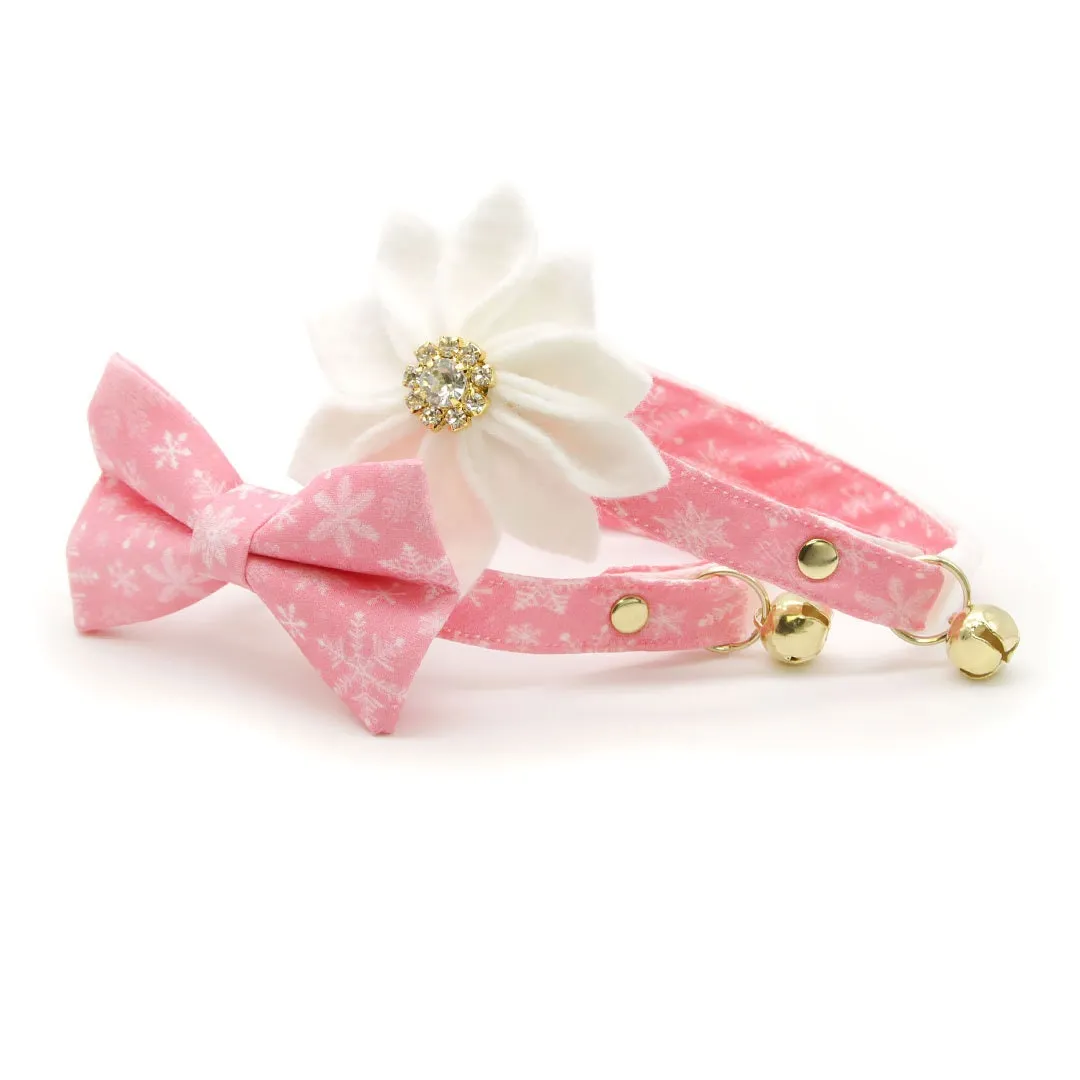 Pet Bow Tie - "Snowflakes - Sugar Pink" - Snowflake Cat Bow Tie / Christmas, Holiday, Winter / For Cats   Small Dogs (One Size)