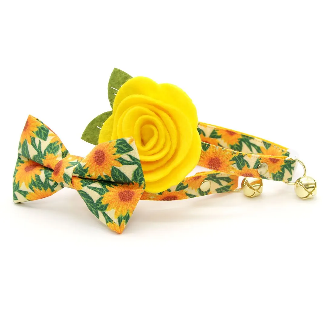 Pet Bow Tie - "Sunflowers" - Yellow Floral Cat Bow / Summer, Fall, Wedding / For Cats   Small Dogs (One Size)