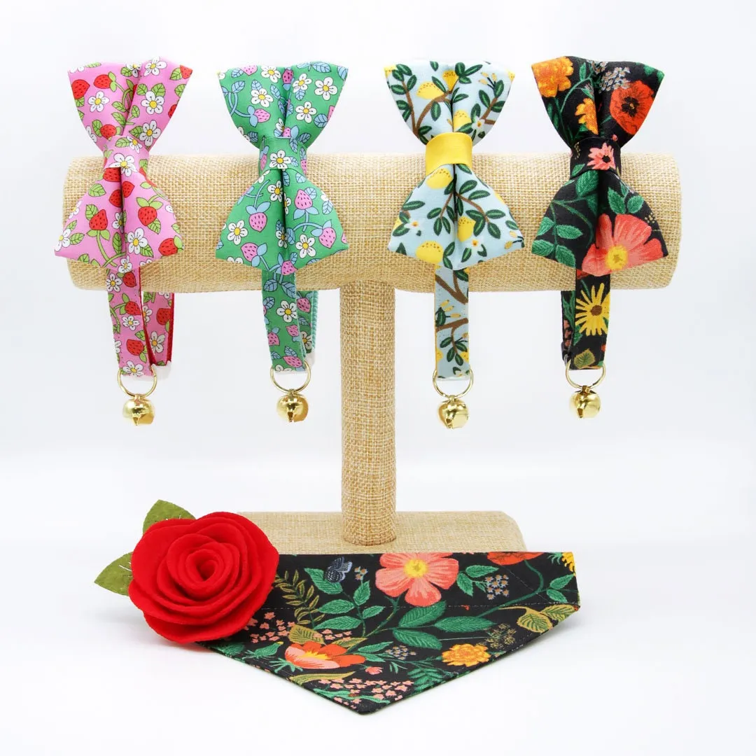 Pet Bow Tie - "Wild Strawberry - Mint" - Liberty of London® Berry Floral Cat Bow Tie / Spring   Summer / For Cats   Small Dogs (One Size)