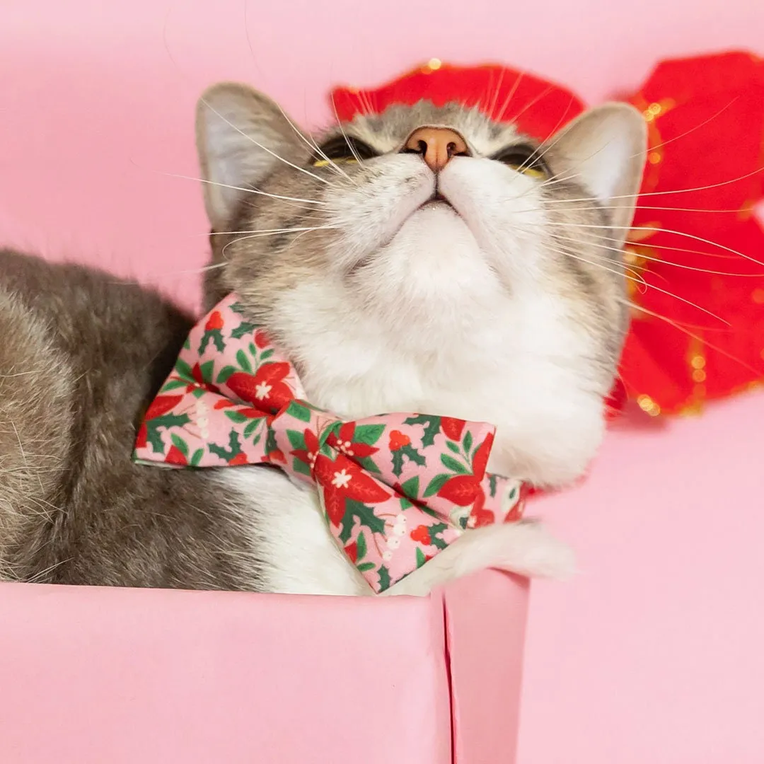 Pet Bow Tie - "Winter Blooms - Pink" - Christmas Poinsettia Cat Bow Tie / Holiday Floral / For Cats   Small Dogs (One Size)