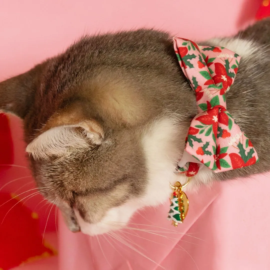 Pet Bow Tie - "Winter Blooms - Pink" - Christmas Poinsettia Cat Bow Tie / Holiday Floral / For Cats   Small Dogs (One Size)