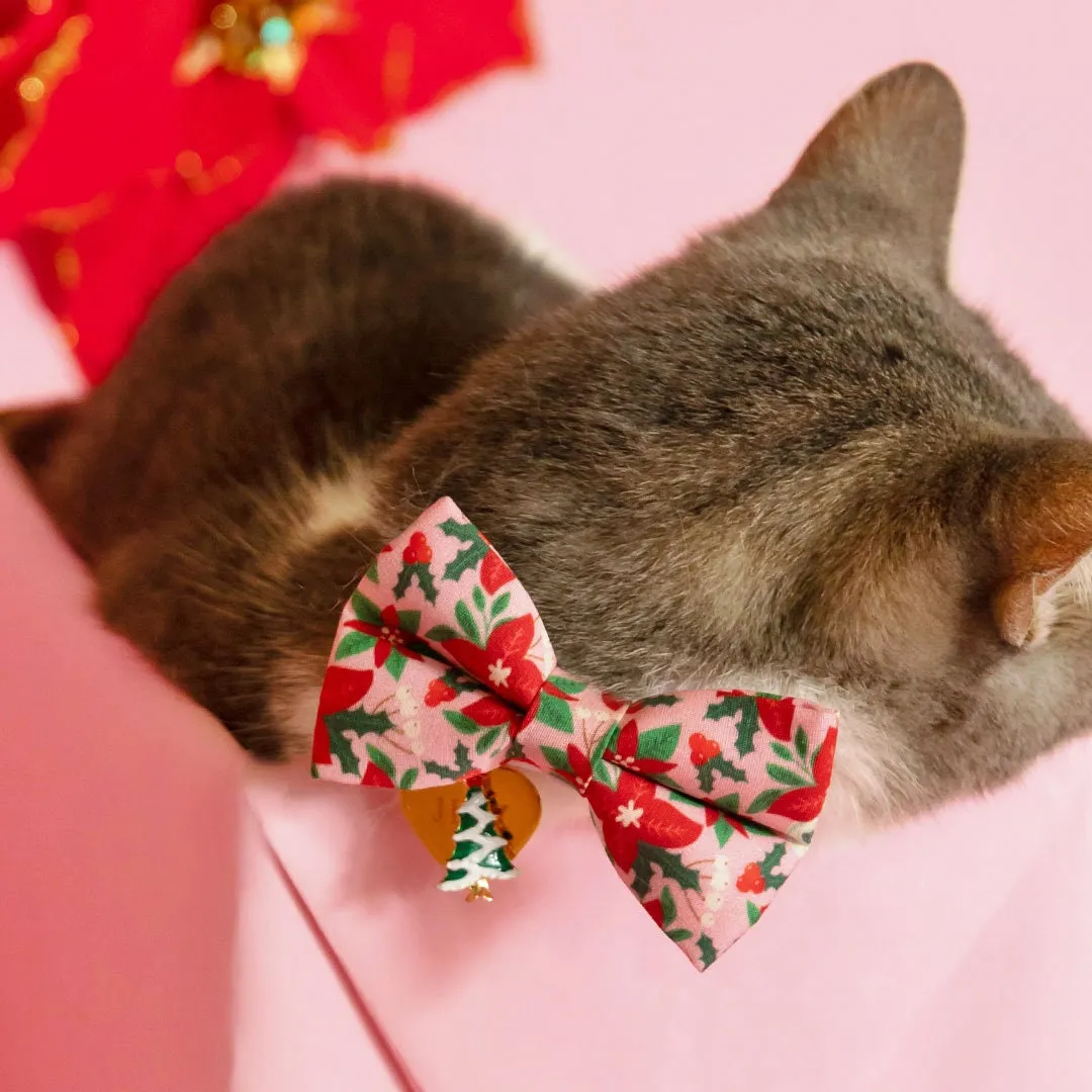 Pet Bow Tie - "Winter Blooms - Pink" - Christmas Poinsettia Cat Bow Tie / Holiday Floral / For Cats   Small Dogs (One Size)