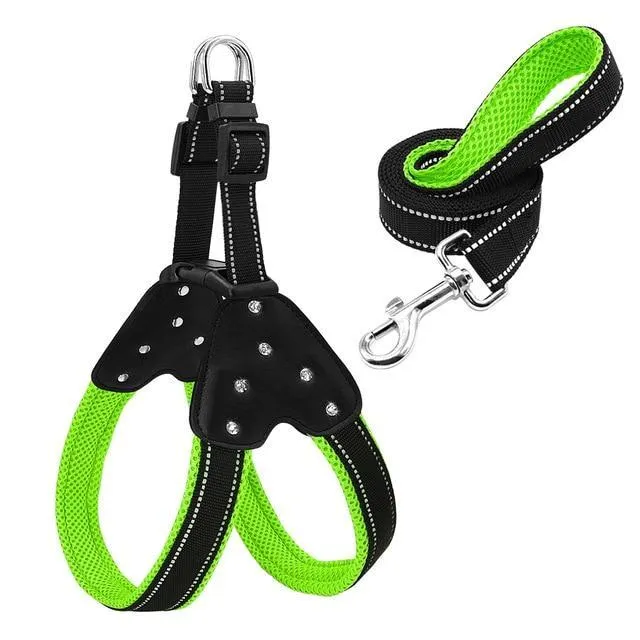 Rhinestone Cute Harness & Leash Reflective Nylon Set For Your Dog *