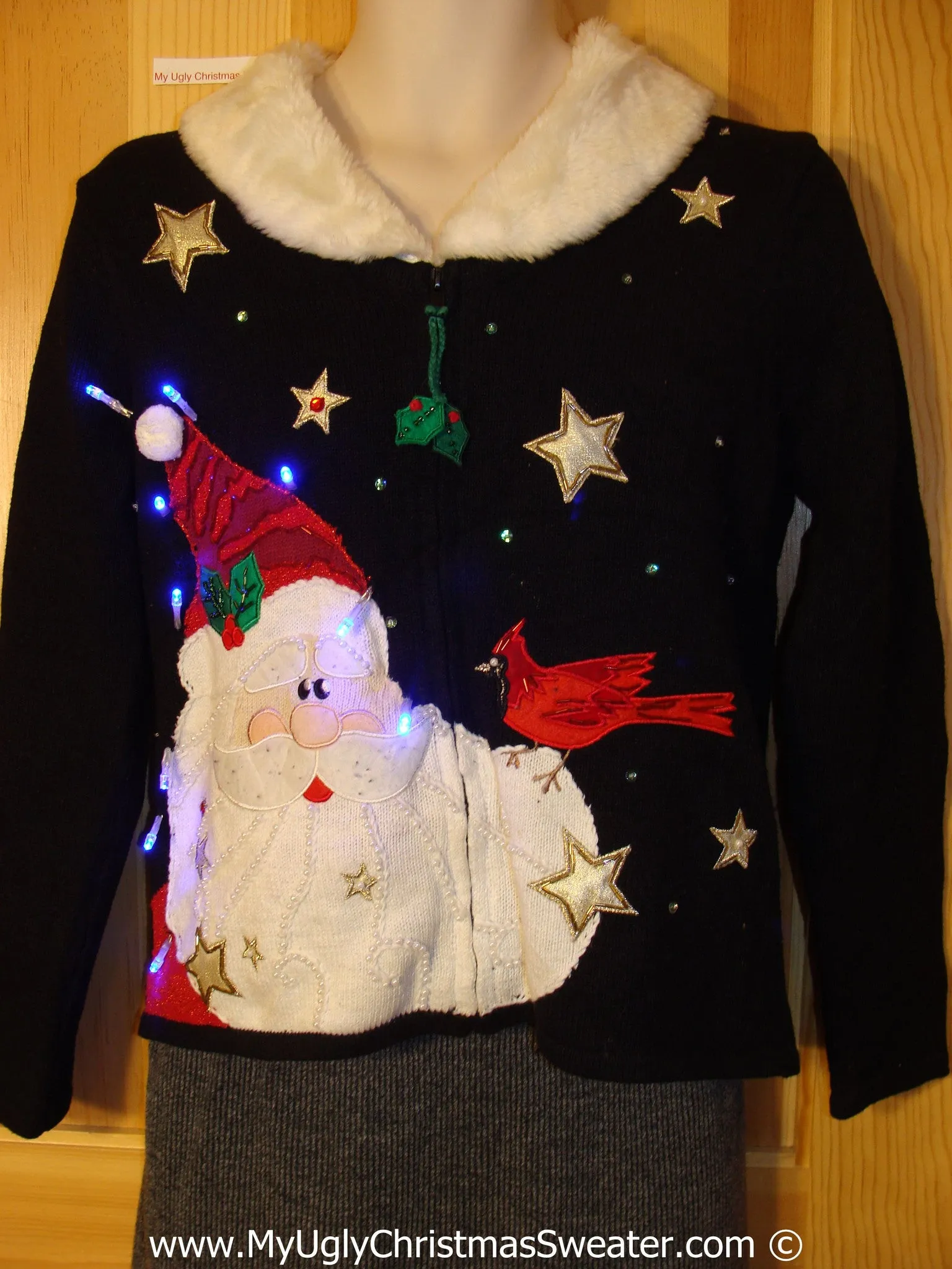 Tacky Xmas Sweater with Lights 80s Santa Furry Collar (g155)