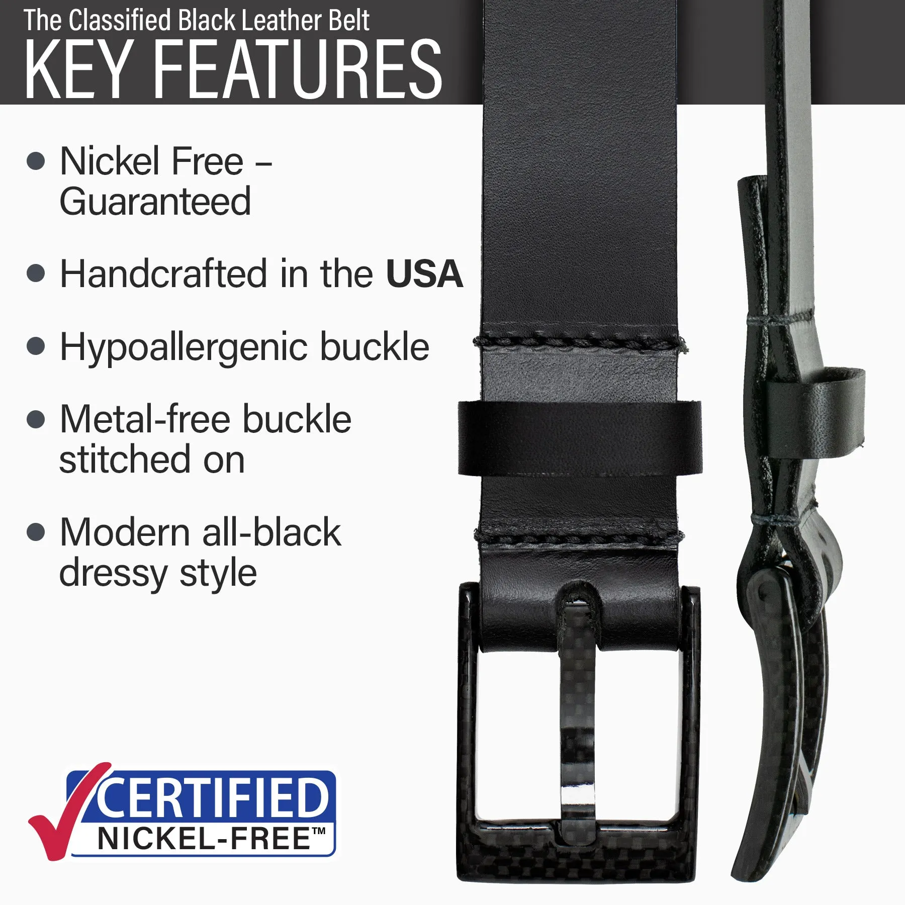 The Classified Dress Black Leather Belt by Nickel Smart®