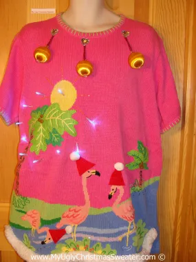 Tropical Themed 3D Ugly Christmas Sweater with Lights Flamingos (t10)
