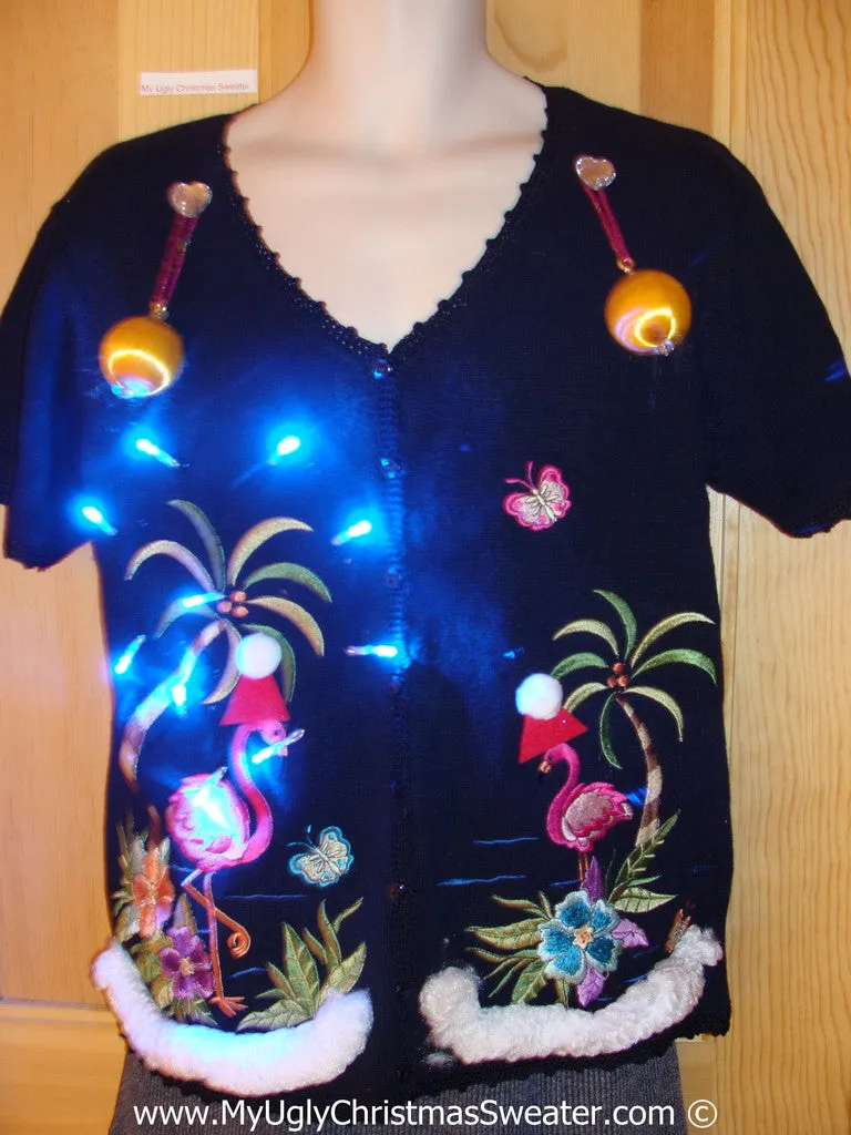 Tropical Themed 3D Ugly Christmas Sweater with Lights Flamingos (t18)