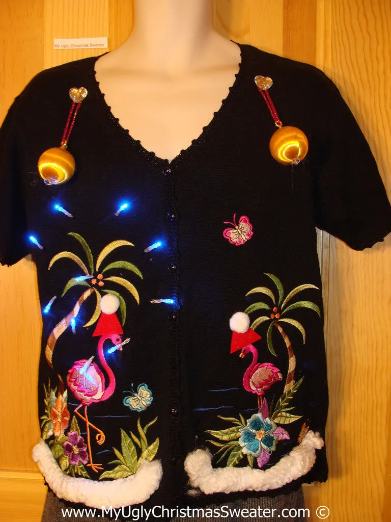 Tropical Themed 3D Ugly Christmas Sweater with Lights Flamingos (t18)