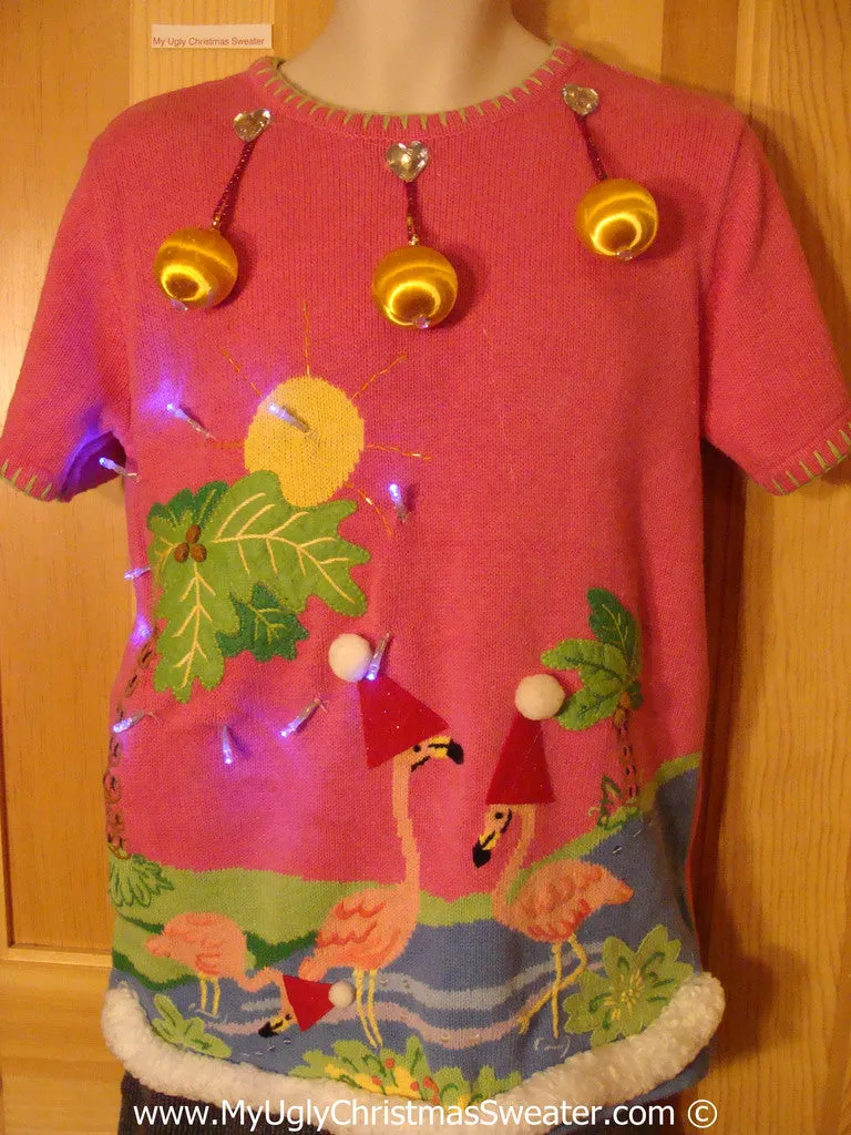 Tropical Themed 3D Ugly Christmas Sweater with Lights Flamingos (t6)